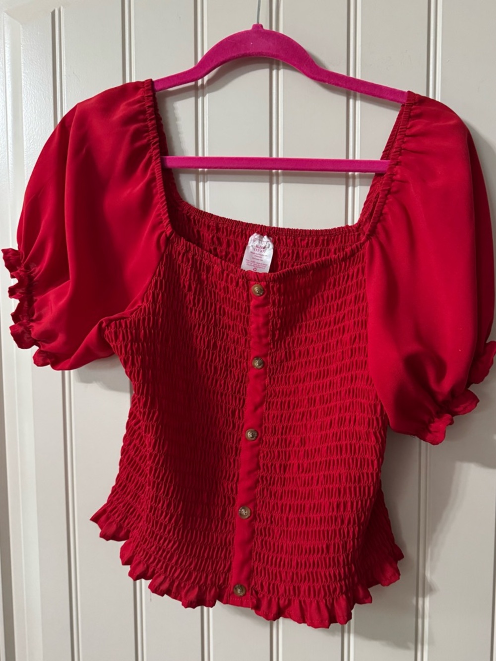 3/for $15 🍒 Red Smocked Puff Sleeve Crop Top Blouse (Womens X-Large) - Picture 3 of 8